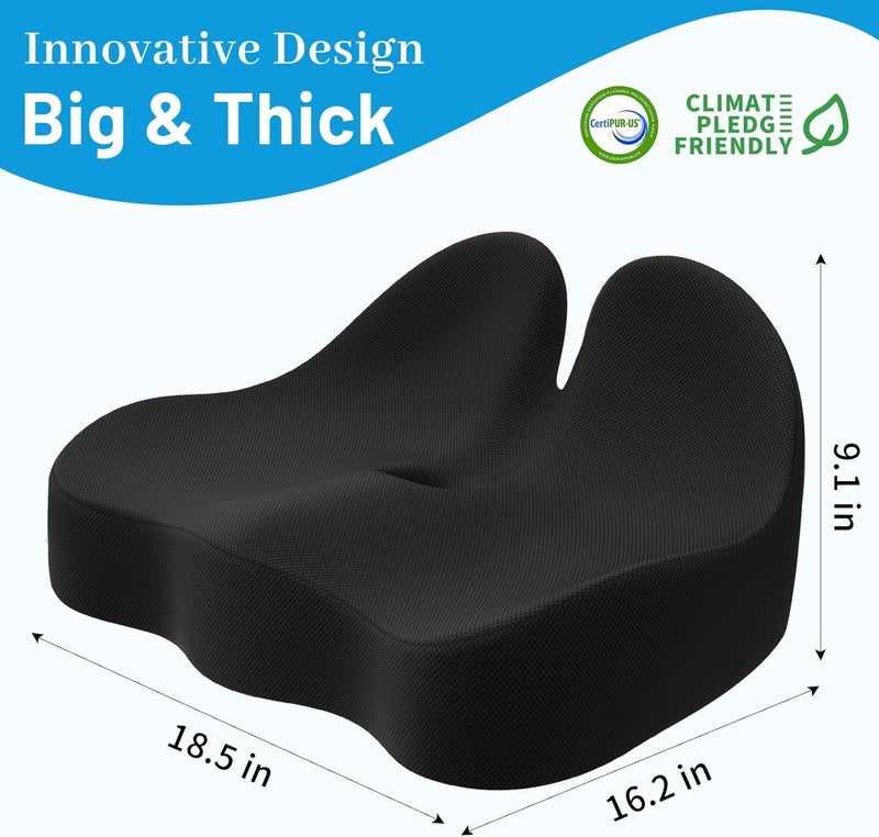 CushZone Seat Cushion, Memory Foam Office Chair Cushions, Ergonomic Curved Design for Sciatica, Tailbone, Coccyx, Seat Support for Car, Desk Chair, Wheelchair, Enhances Long Sitting Comfort (Black) - Image 2